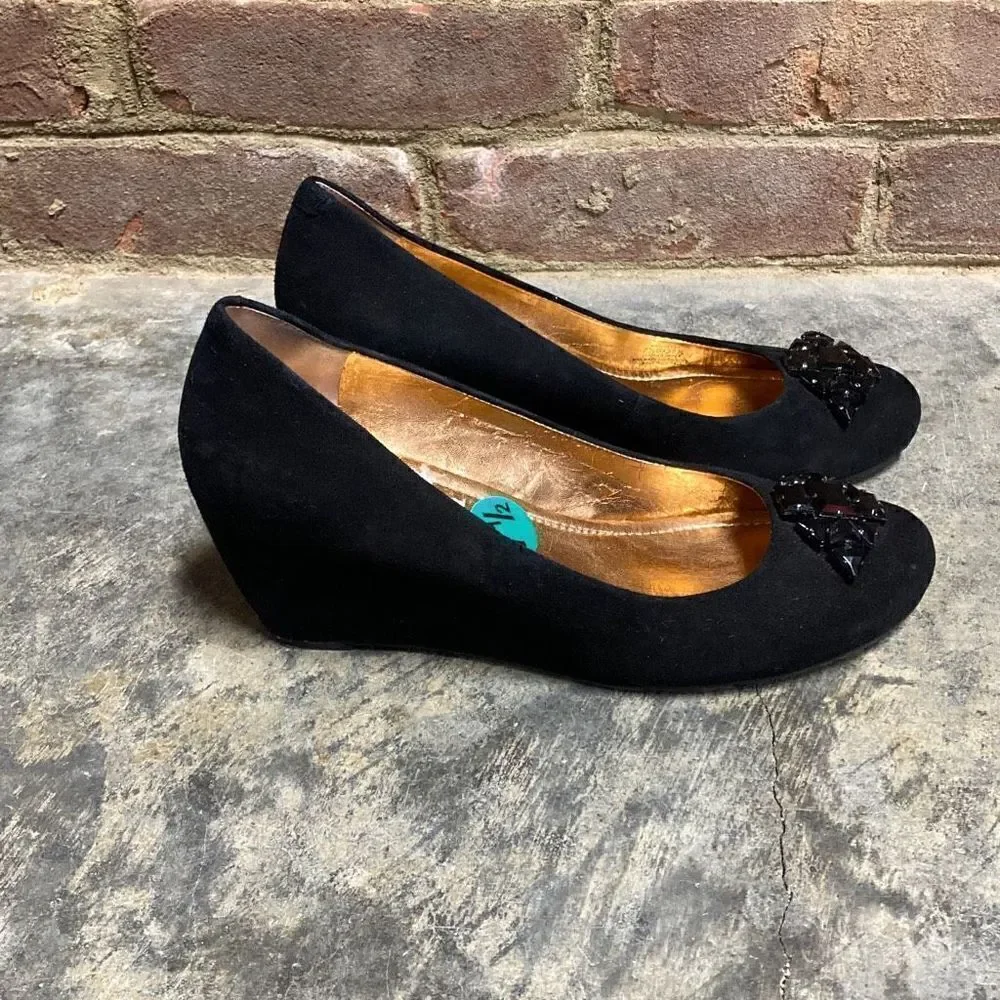 BCBG Black Suede Jeweled Wedge Size 7.5